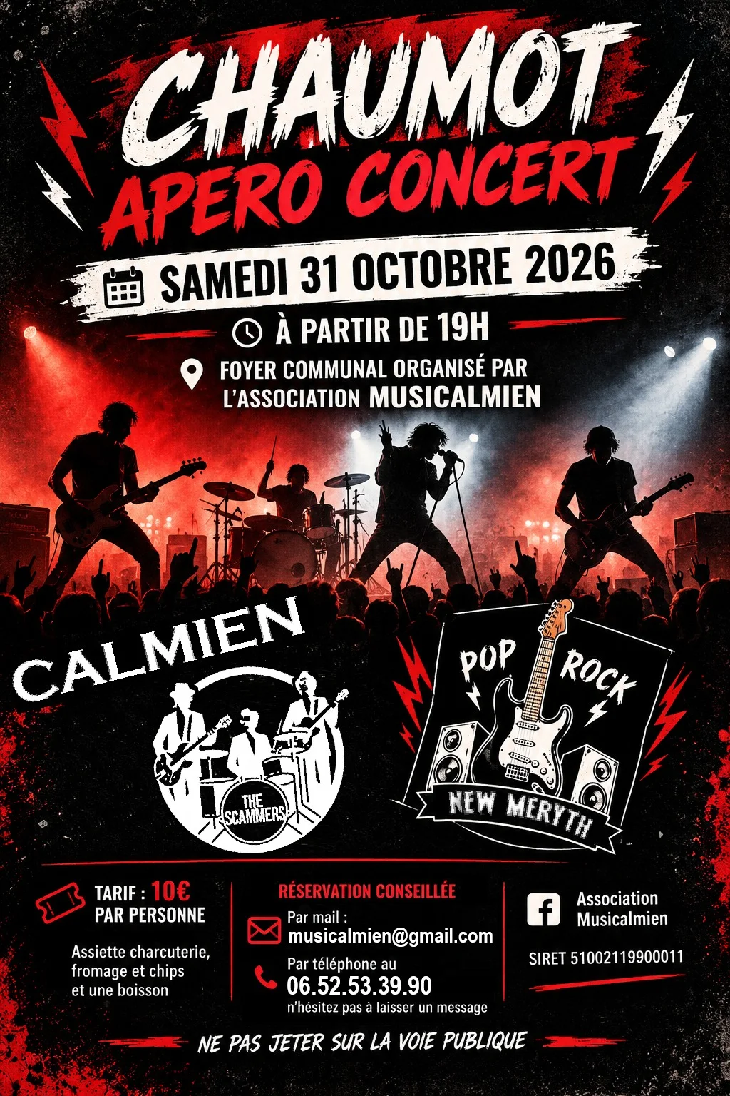 Apéro concert avec les groupes Calmien, New Meryth et The Scammers. – Chaumot (Foyer communal) (affiche de l’événement)