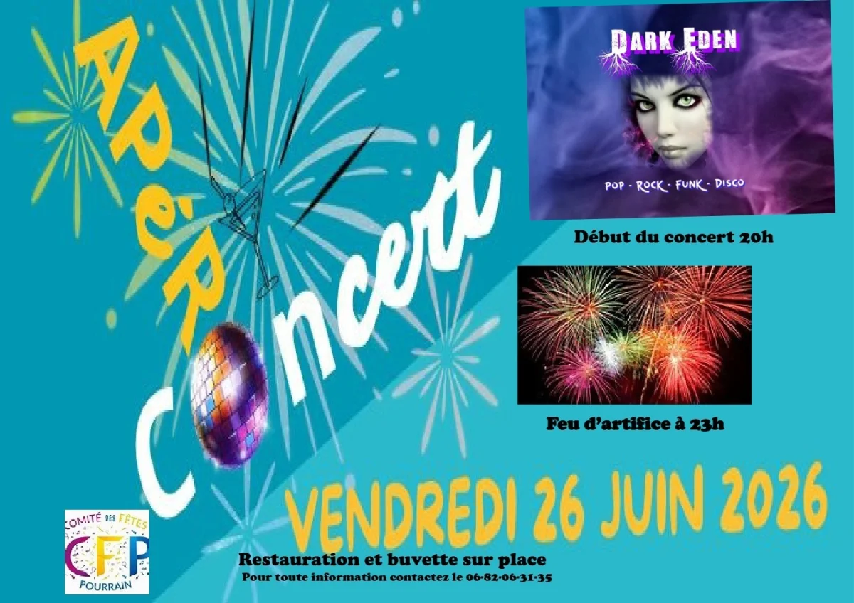 Apéro-concert animé par le groupe Dark Eden suivi d'un feu d'artifice – Pourrain (Place de la mairie) (affiche de l’événement)