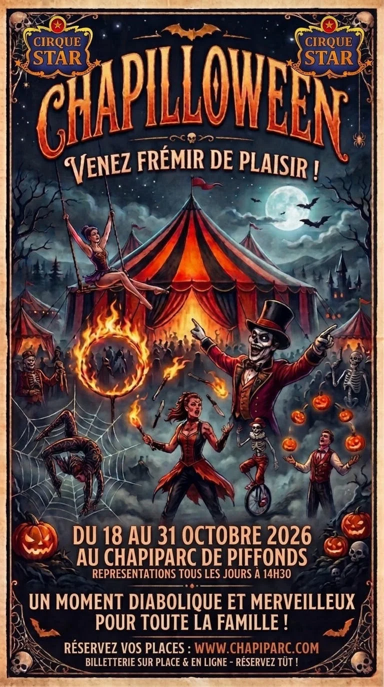 Chapilloween 2026 avec le nouveau spectacle "Apocalyptic Circus" par le Cirque Star – Piffonds / Le Petit Launay (Chapi Parc) (affiche de l’événement)