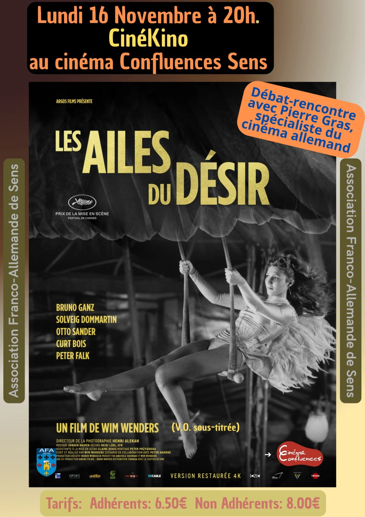 « Les Ailes du Désir » de Wim Wenders / CinéKino, ciné-club – Sens (Cinéma Confluences) (affiche de l’événement)