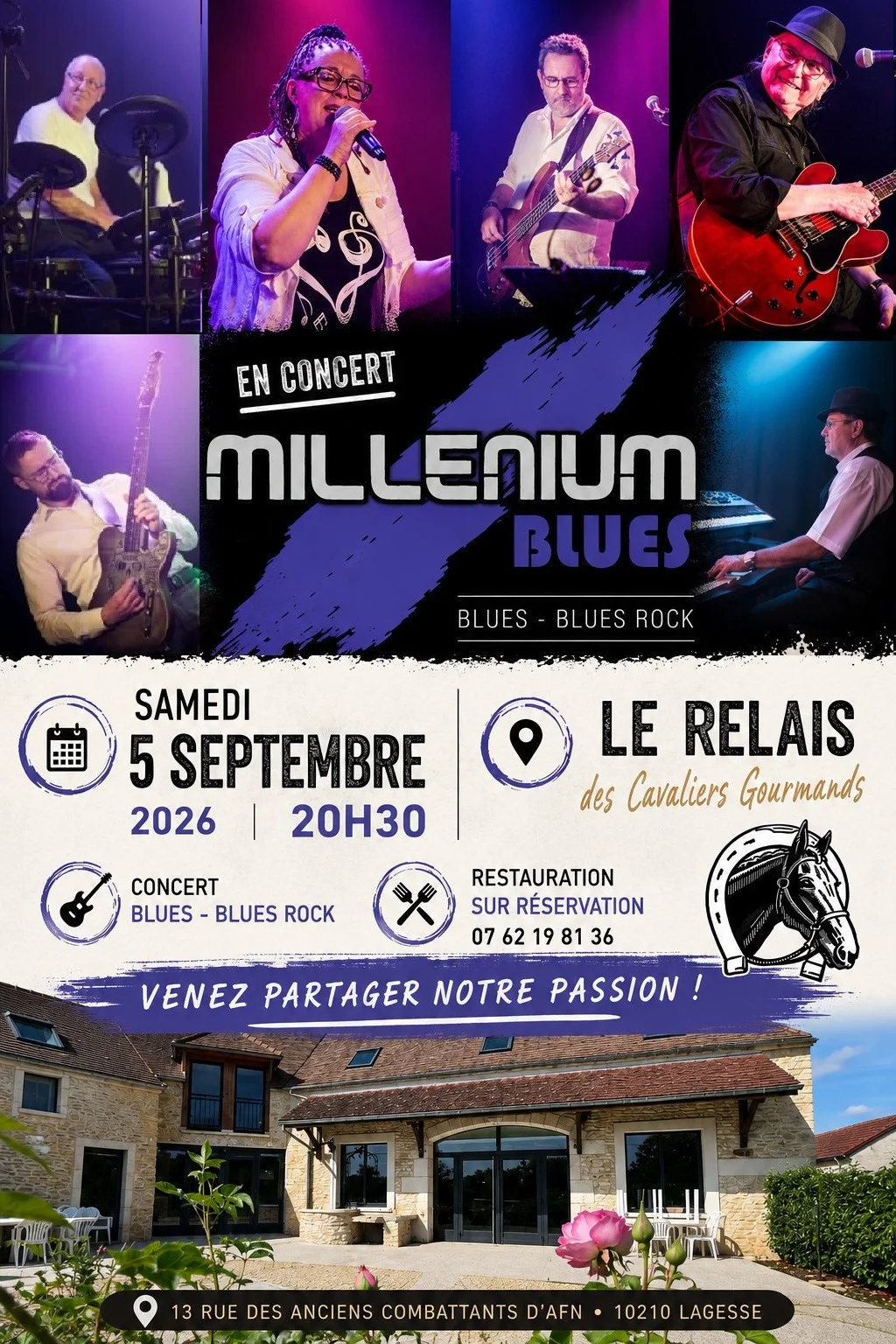 Concert blues-blues rock avec Millenium Blues – Lagesse / Aube (Restaurant Relais des cavaliers gourmands) (affiche de l’événement)