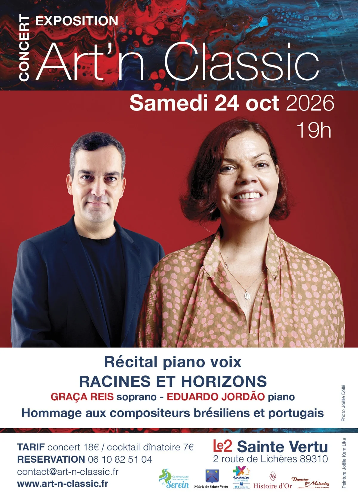 Soirée peinture et musique : Exposition "Sève ardente" de Joëlle Kem Lika et récital piano-voix "Racine et horizons" avec Graça Reis, soprano et Eduardo Jordão, piano (hommage aux compositeurs brésiliens et portugais) – Sainte-Vertu (Le 2) (affiche de l’événement)