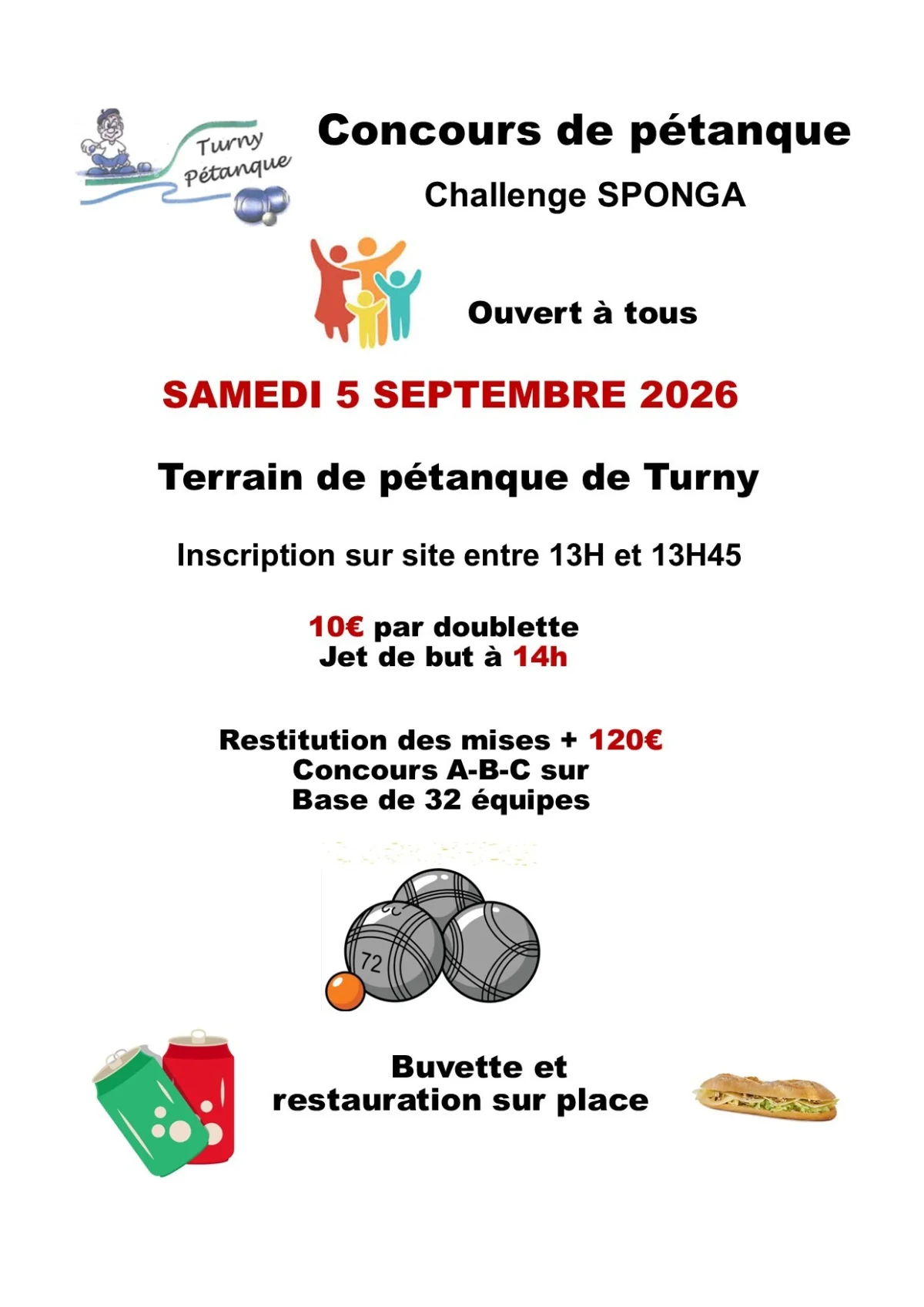 Concours pétanque en doublettes – Turny (terrain de pétanque, salle des fêtes) (affiche de l’événement)