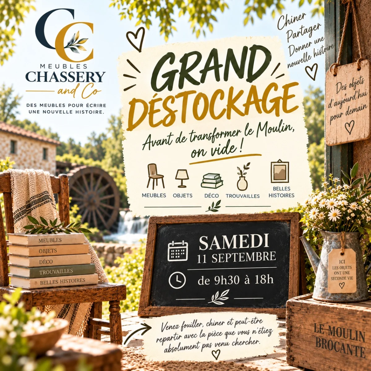 Le grand déstockage du Moulin à Chamvres – Chamvres (Le chemineau) (affiche de l’événement)