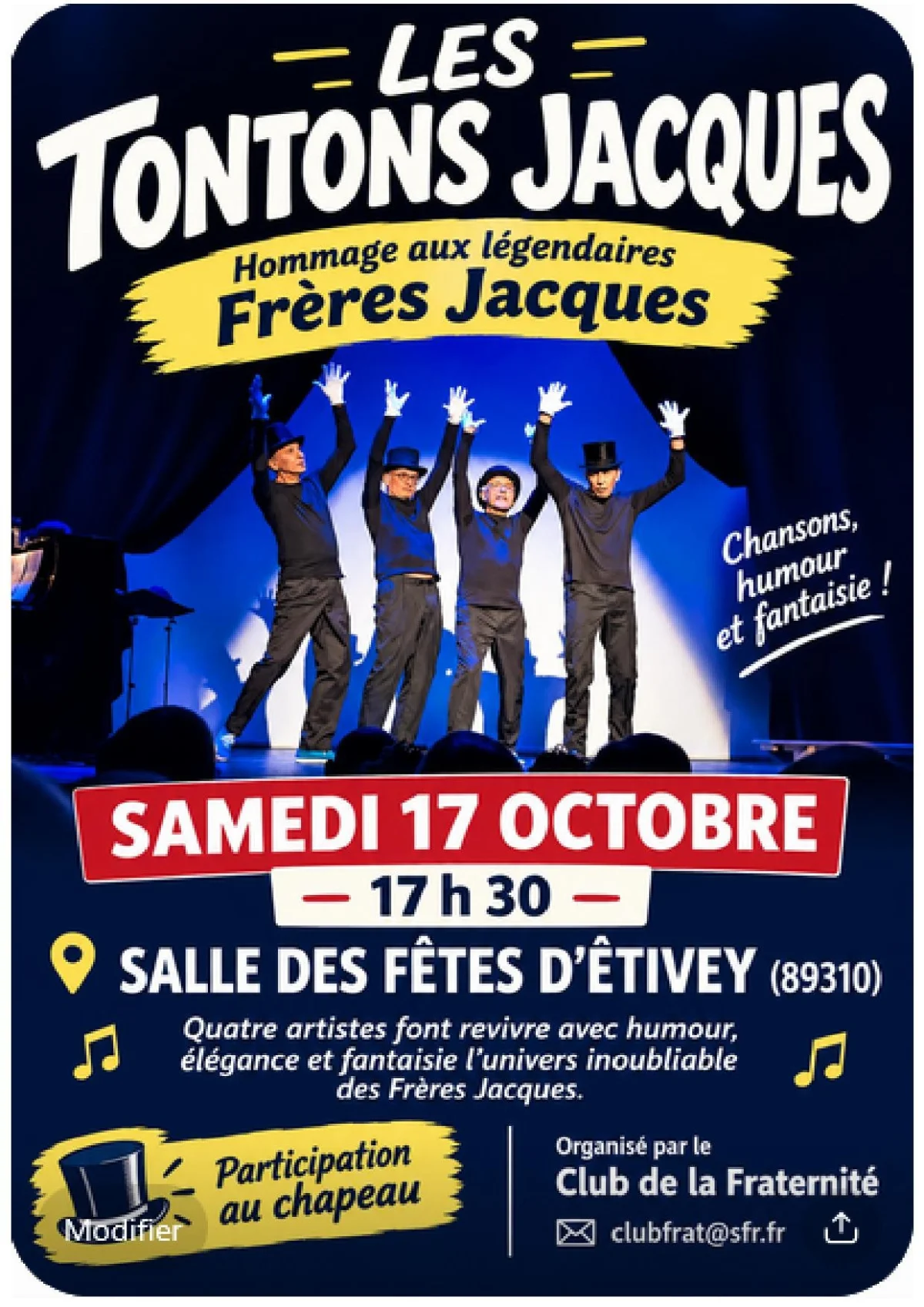 Les Tontons Jacques, hommage aux légendaires Frères Jacques – Etivey (Salle des Fêtes) (affiche de l’événement)