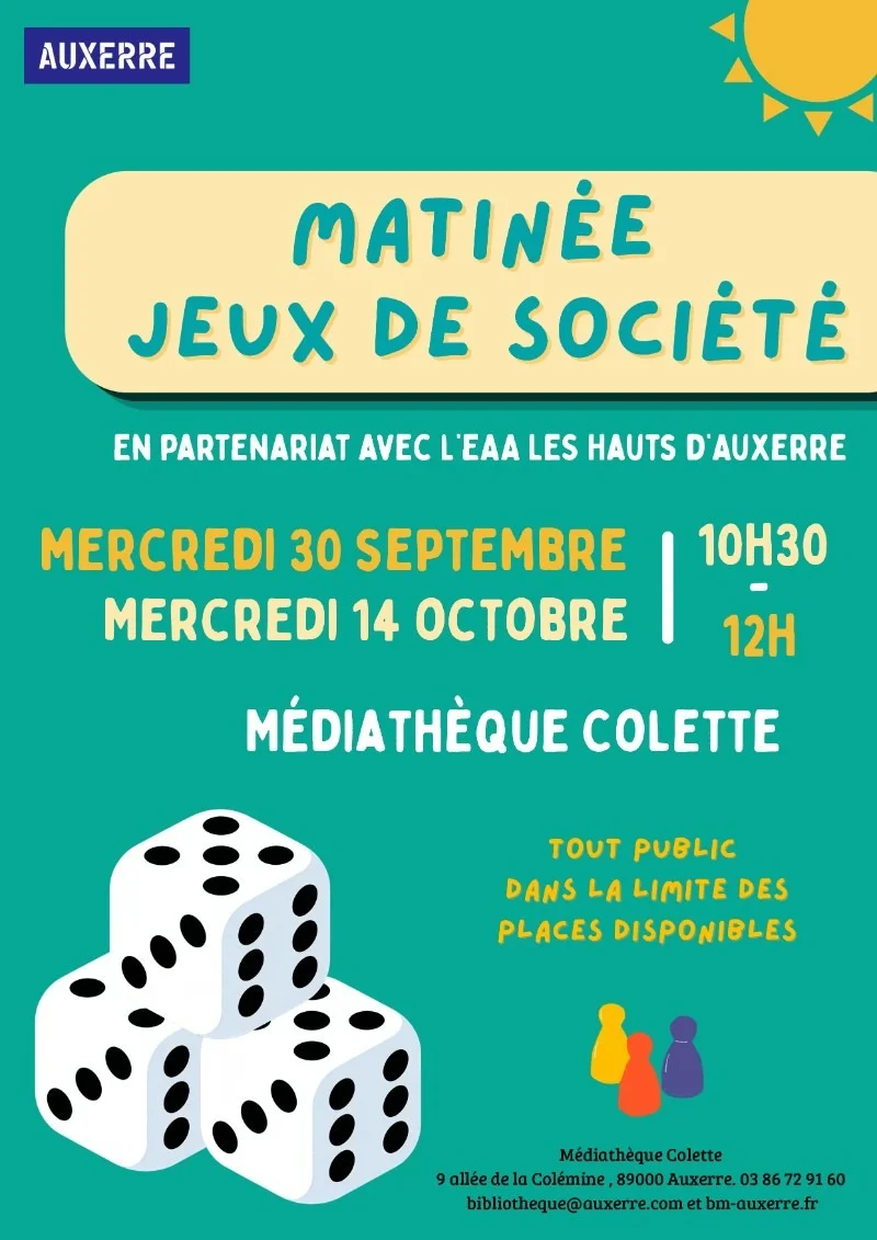Matinée jeux de société – Auxerre (Médiathèque Colette) (affiche de l’événement)