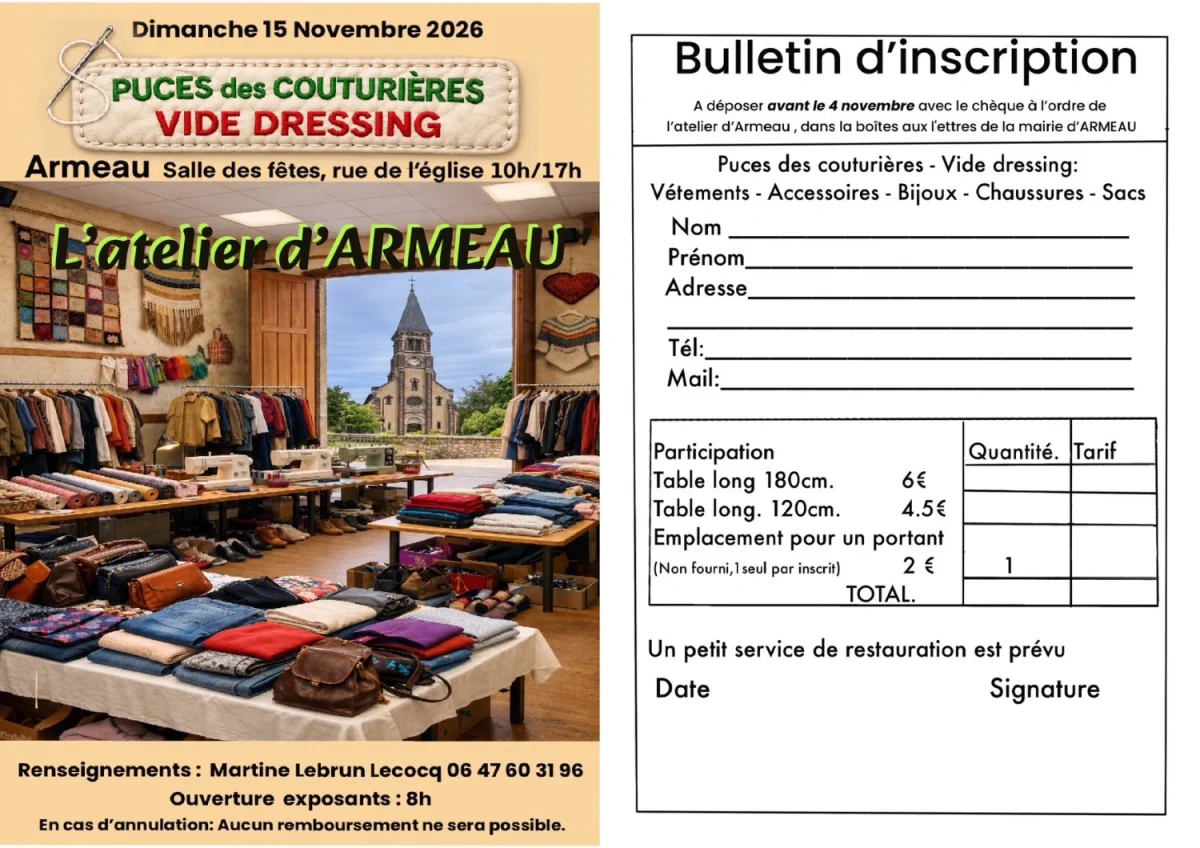 Puces des couturières et vide dressing – Armeau (Salle des fêtes) (affiche de l’événement)