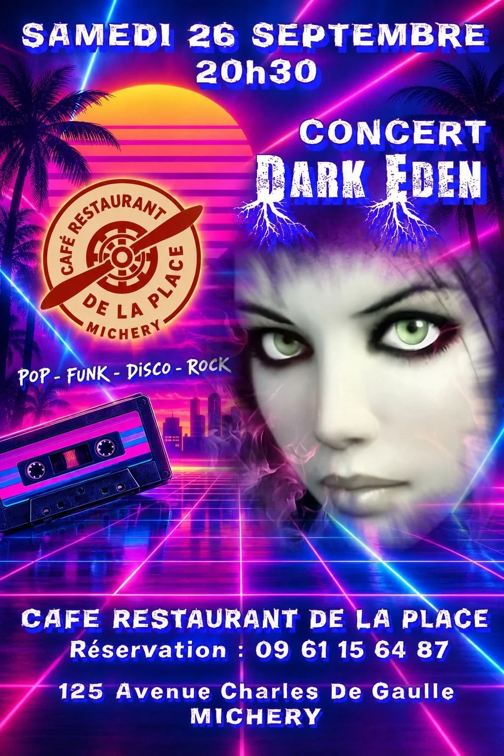 Repas concert avec Dark Eden - Pop, Funk, Disco, Rock – Michery (Café Restaurant de la Place) (affiche de l’événement)