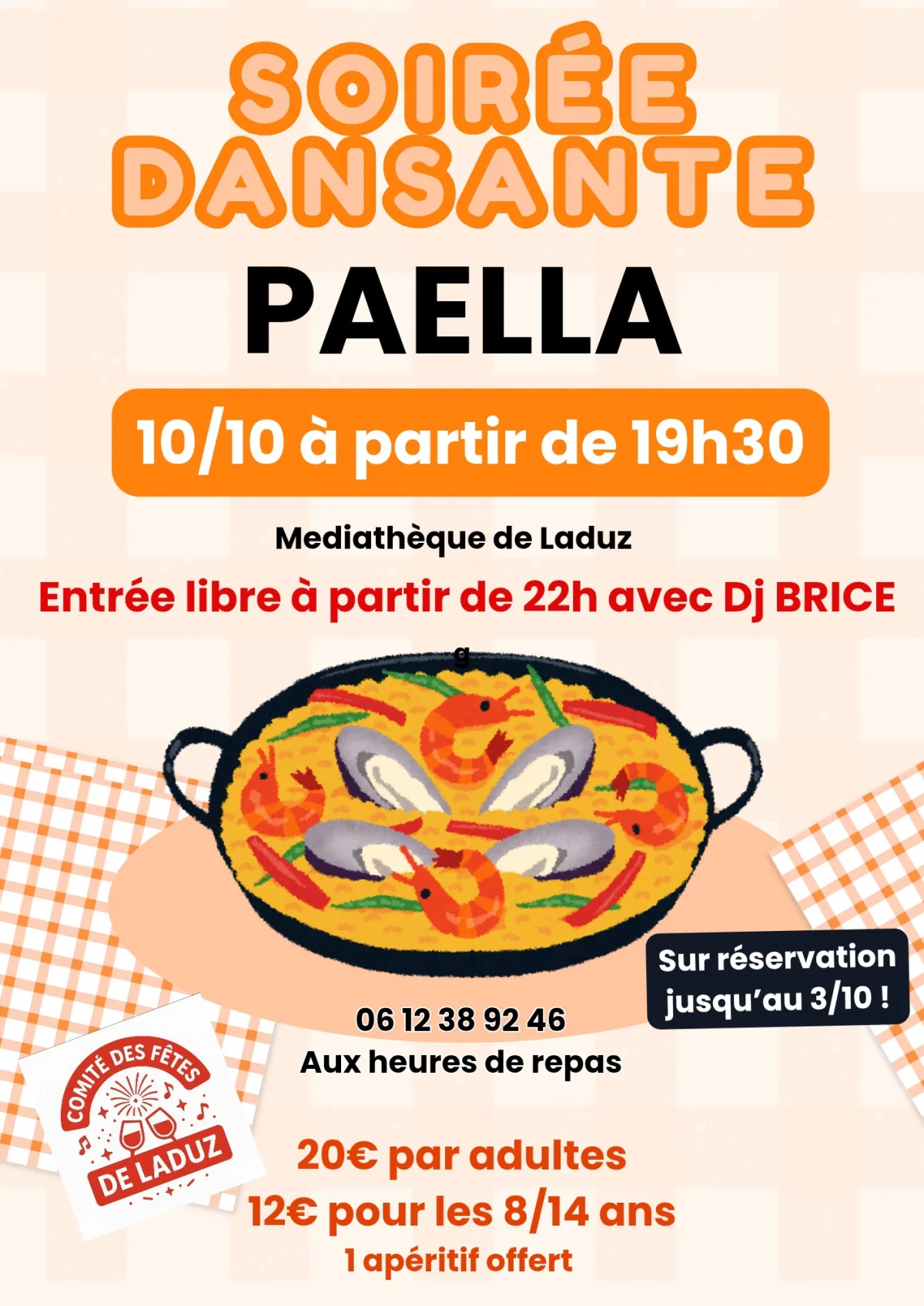 Soirée dansante Paëlla – Laduz (Médiathèque) (affiche de l’événement)
