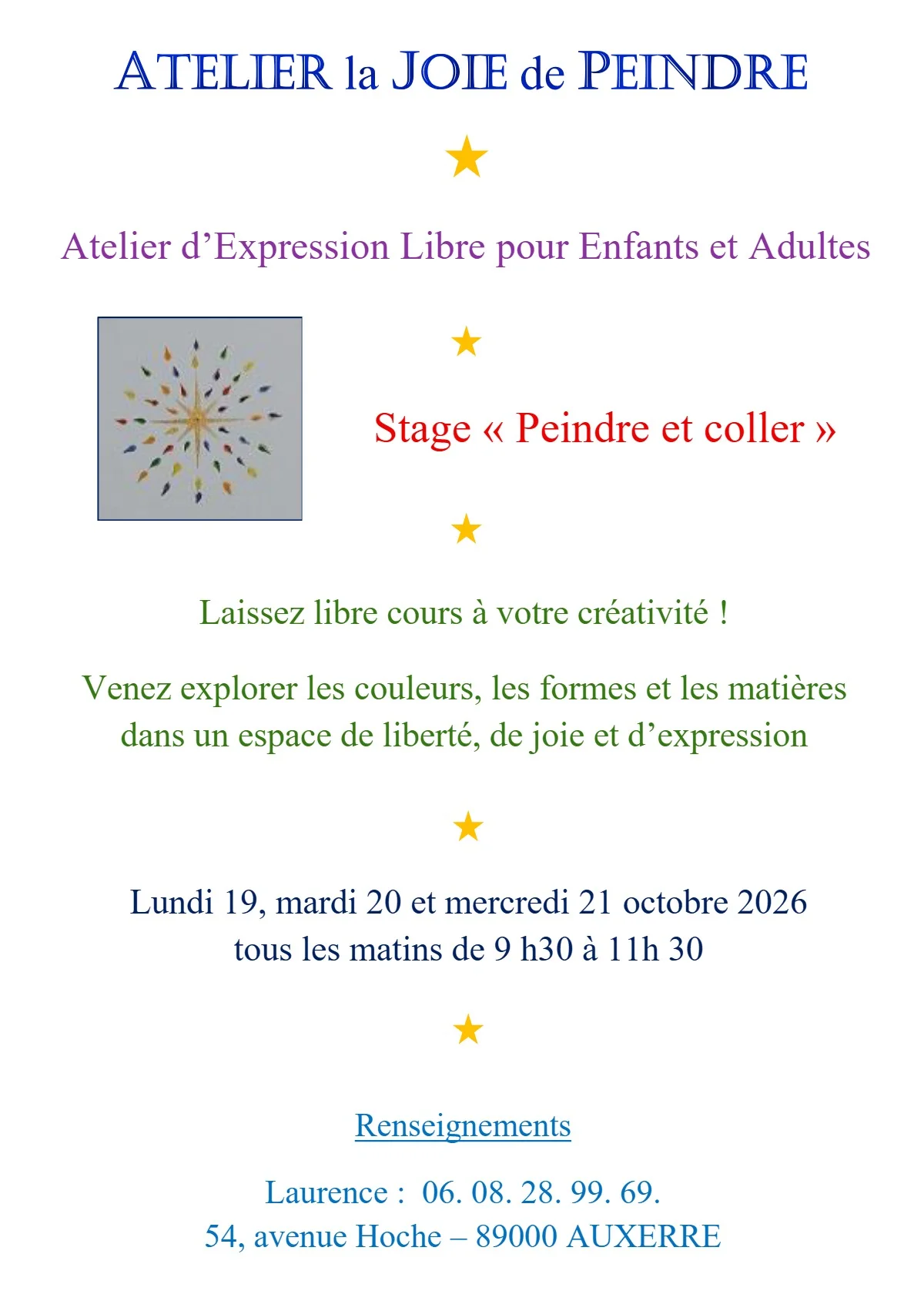 Atelier d’Expression Libre pour Enfants et Adultes : Stage "Peindre et coller" – Auxerre (Atelier la Joie de Peindre) (affiche de l’événement)