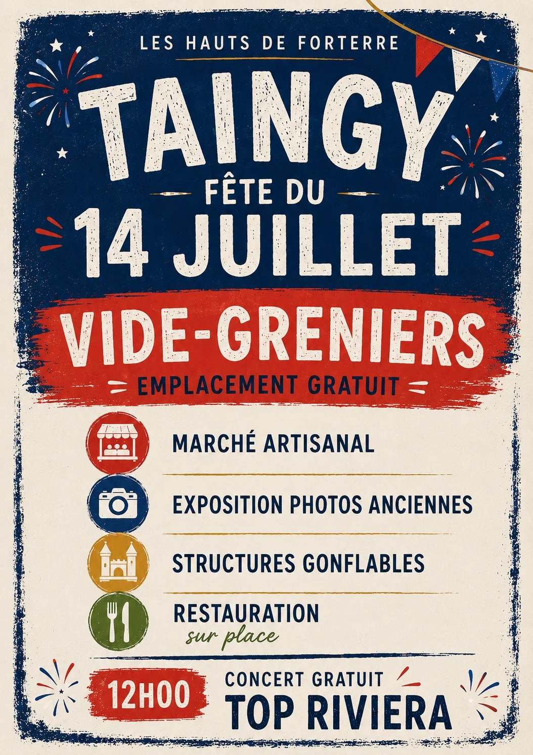 Annulé // Vide-greniers Marché artisanal + Concert à 12h du groupe Top Riviera + Structure gonflable pour les enfants + Exposition de photos de Taingy + Restauration sur place – Taingy (Place de Verdun) (affiche de l’événement)