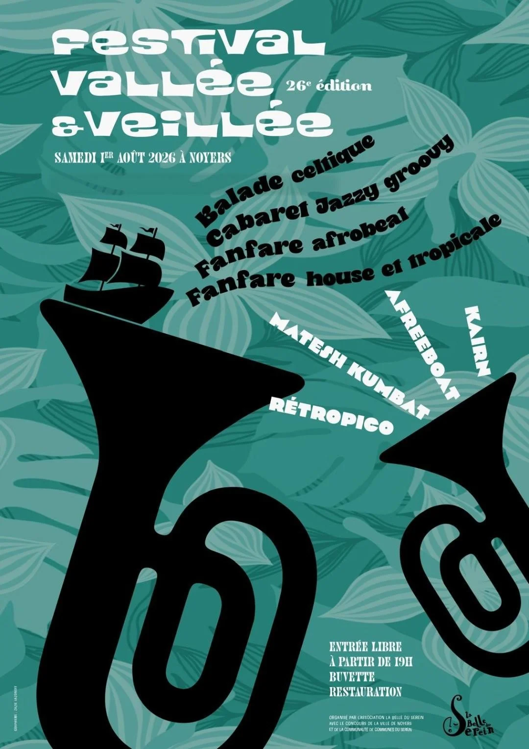 26ème édition du Festival Vallée et Veillée (balade celtique, cabaret jazzy groove, fanfare afrobeat et fanfare house et tropicale) – Noyers (Noyers sur Serein) (affiche de l’événement)