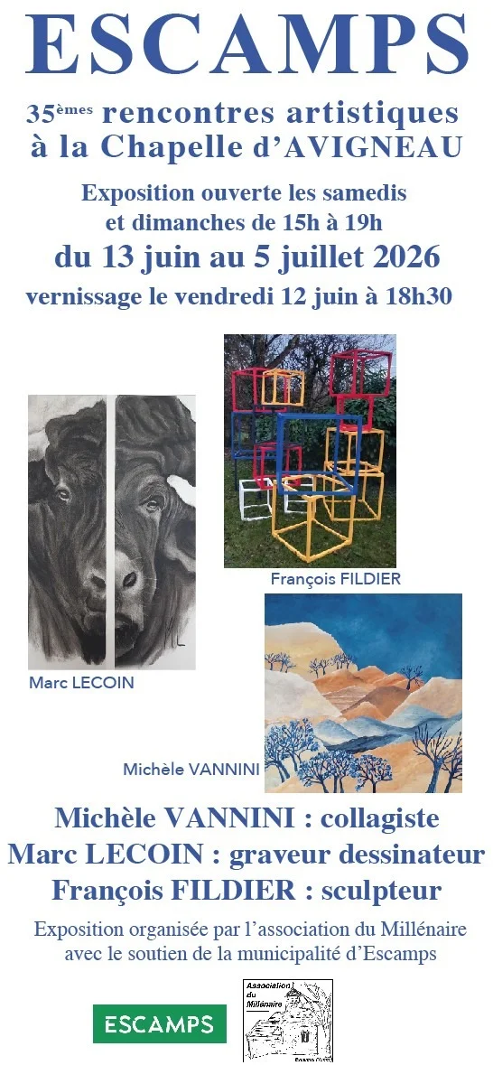 35ème rencontres artistiques à la Chapelle d'Avigneau : Exposition de Michèle Vannini (collagiste), Marc Lecoin (graveur dessinateur) et François Fildier (sculpteur) – Escamps (Chapelle d'Avigneau) (affiche de l’événement)