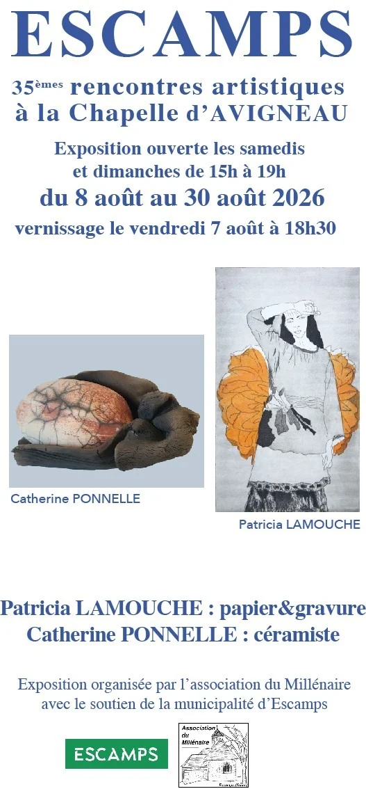35èmes rencontres artistiques à la Chapelle d'Avigneau : Exposition de Patricia Lamouche (papier & gravure) et Catherine Ponnelle (céramiste) – Escamps (Chapelle d'Avigneau) (affiche de l’événement)