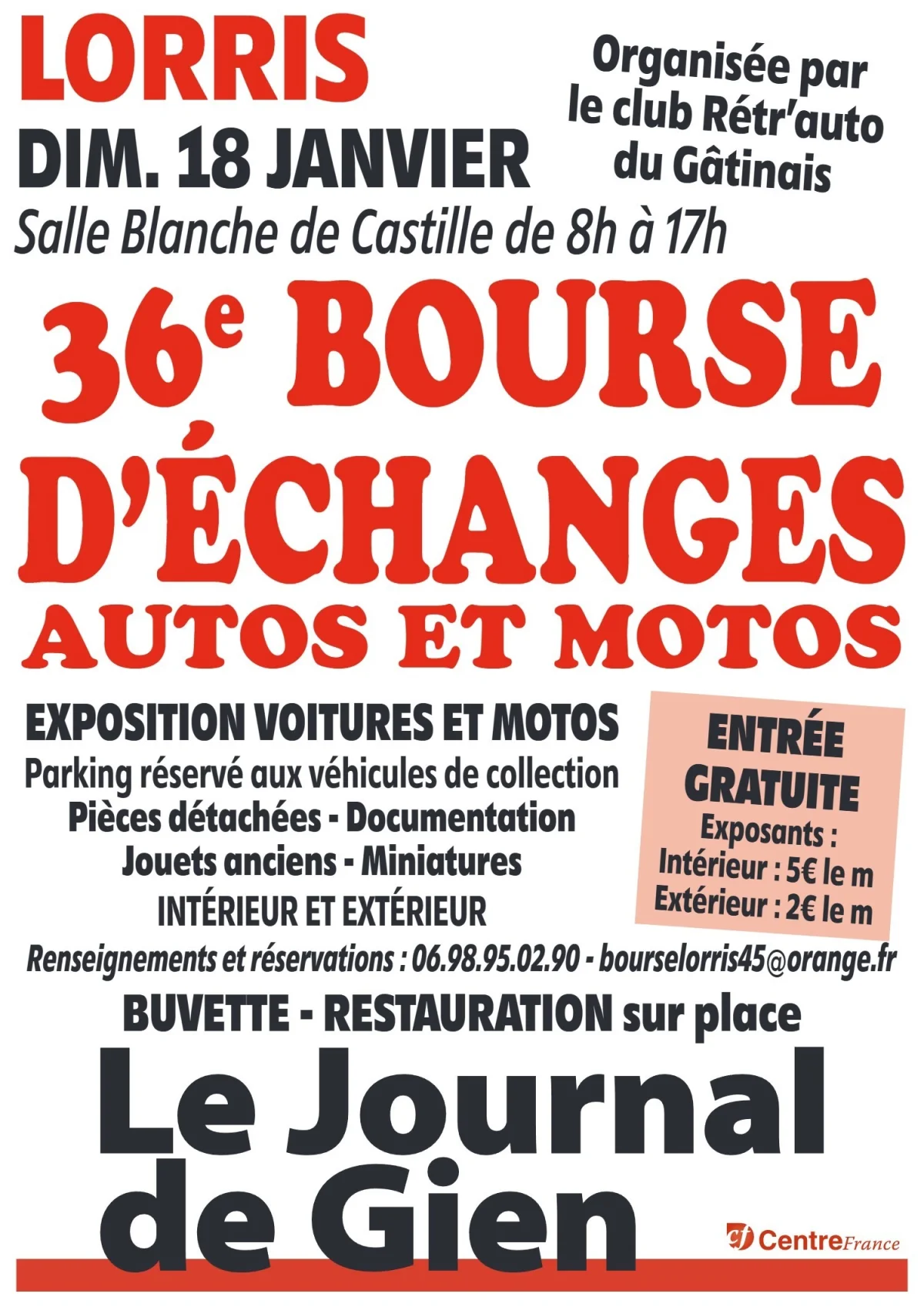 36ème Bourse d'échanges autos et motos organisé par le club Rétr'Auto Du Gâtinais – Lorris / Loiret (Salle Blanche De Castille) (affiche de l’événement)