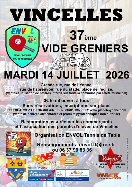37ème Vide Grenier – Vincelles (Grande Rue, Rue de l'Yonne, rue de l'abreuvoir, rue du stade, Place de l'Eglise) (affiche de l’événement)