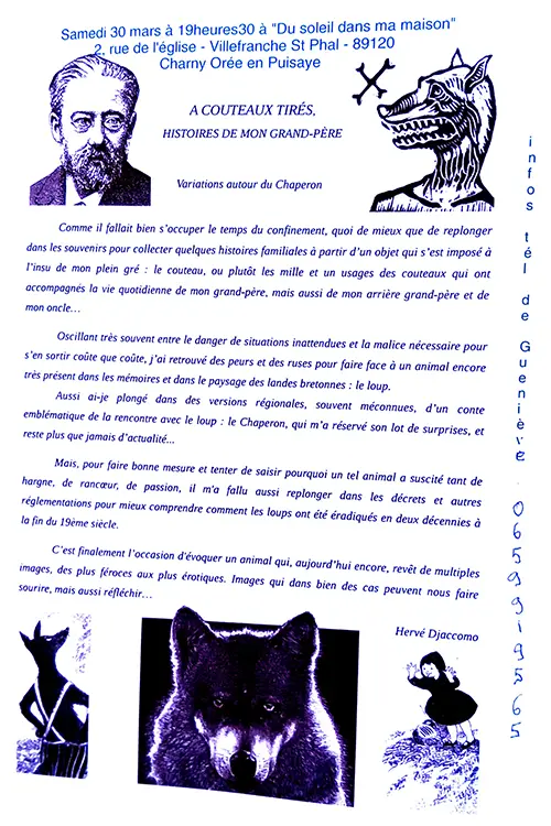 "A Couteaux tirés, histoires de mon grand-père" : variations autour du Chaperon avec Hervé Djaccomo – Villefranche Saint Phal / Charny Orée de Puisaye (Café associatif Du Soleil dans ma Maison) (affiche de l’événement)