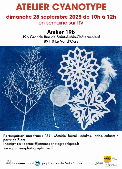 Atelier cyanotype dans le cadre des Journées photographiques du Val d'Ocre – Saint-Aubin-Château-Neuf / Le Val d'Ocre (Atelier 19b) (affiche de l’événement)