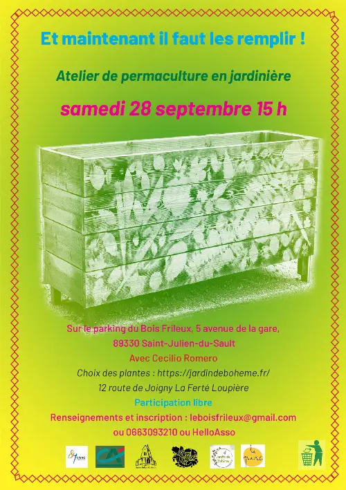 Permaculture en jardinières (atelier participatif de création d'espaces nourriciers avec Cecilio de l'association le P.A.R.C.) – Saint-Julien-du-Sault (Parking du Bois Frileux / 5 avenue de la gare) (affiche de l’événement)
