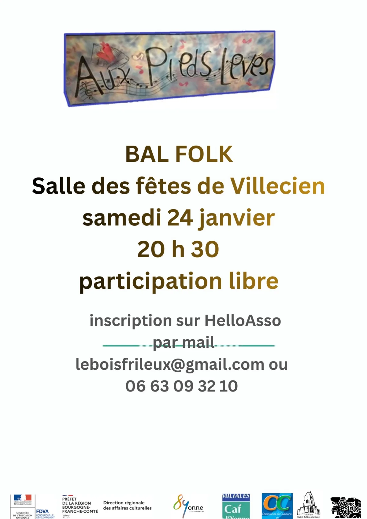Aux Pieds Levés / Musique traditionnelle de tous pays / Folk / Bal folk – Villecien (Salle des fêtes) (affiche de l’événement)