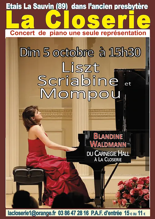 Concert de musique classique avec Blandine Waldmann (Liszt, Scriabine et Mompou) – Etais-la-Sauvin (Théâtre de la Closerie) (affiche de l’événement)