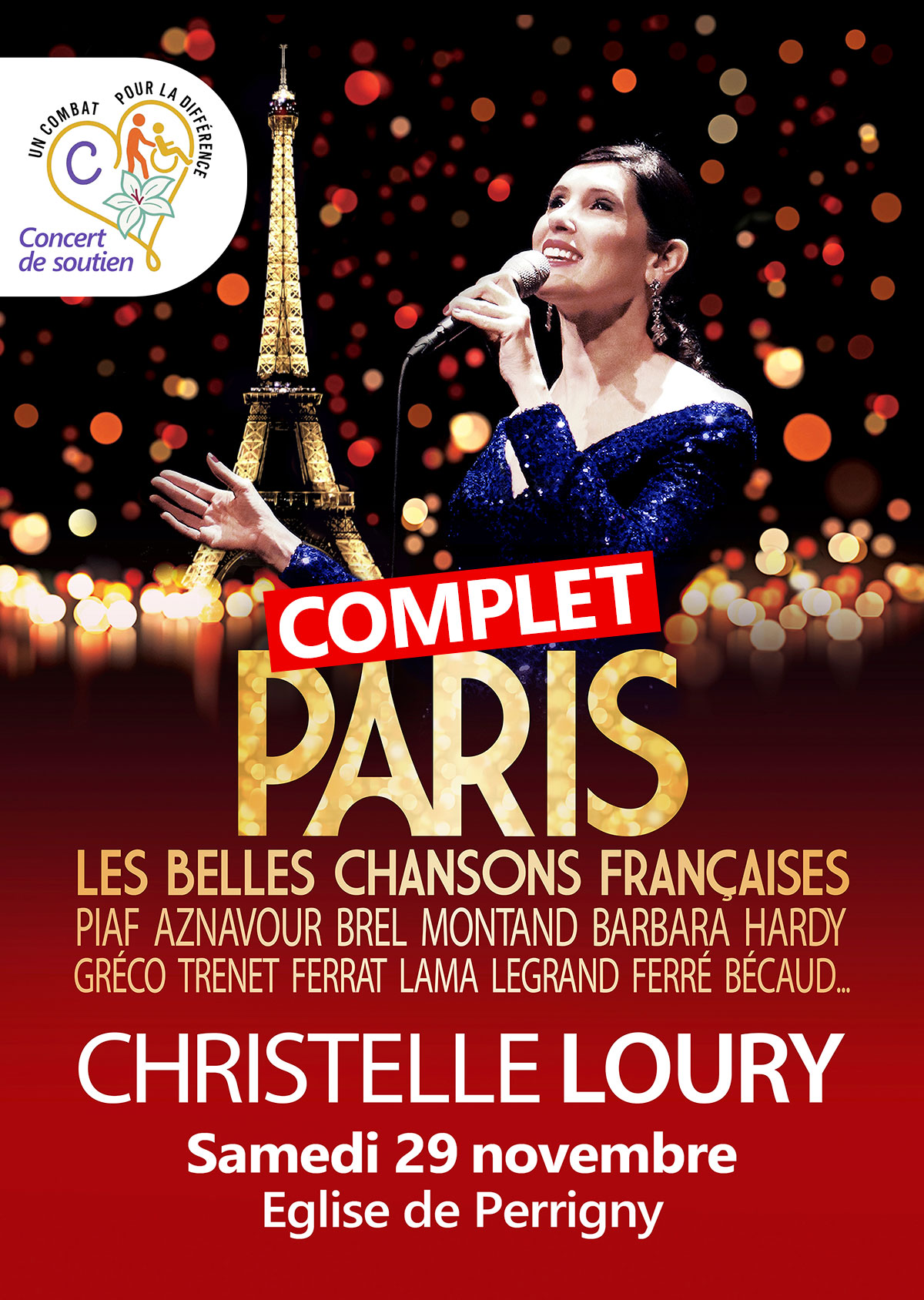 COMPLET // Concert "Paris et les belles chansons françaises" avec Christelle Loury (Hommage à Paris et aux grands interprètes des années 30 à 70) en soutien à l'association "Un Combat pour la Différence" – Perrigny (Eglise) (affiche de l’événement)