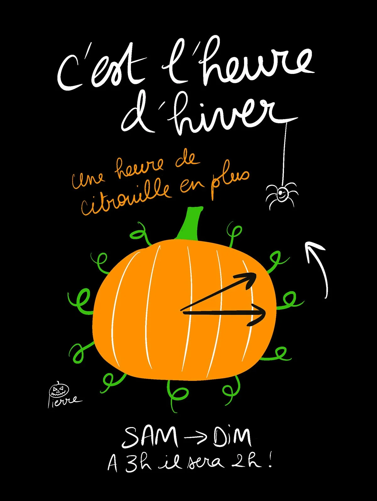 "C'est l'heure d'hiver, et ça fait une heure de citrouille en plus !" Bref, dimanche à 3h, il sera 2h. Et après ça vous serez en forme pour sortir ! – Dans l'Yonne et partout ailleurs en France (Tout le monde) (affiche de l’événement)