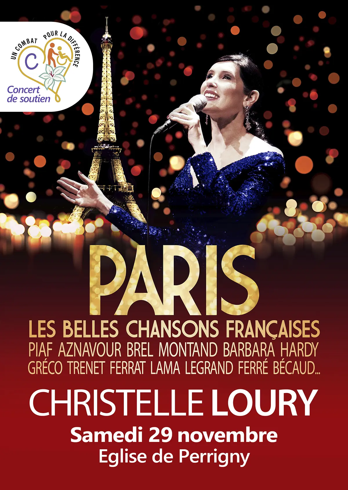 Concert "Paris et les belles chansons françaises" avec Christelle Loury (Hommage à Paris et aux grands interprètes des années 30 à 70) en soutien à l'association "Un Combat pour la Différence" – Perrigny (Eglise) (affiche de l’événement)