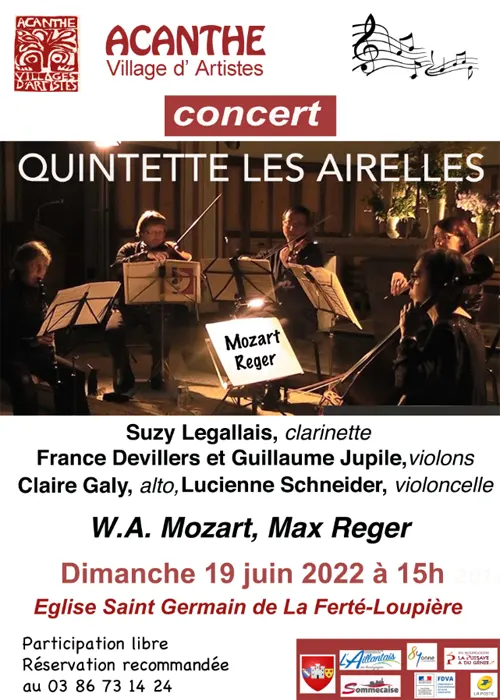 Concert d'ouverture du Festival Art et Culture de La Ferté Loupière avec le quintette Les Airelles (oeuvres de Mozart et Max Reger) – La Ferté Loupière (Eglise Saint-Germain) (affiche de l’événement)