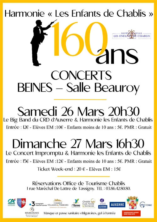 Concert annulé // avec l'Harmonie Les Enfants de Chablis et  le Big Band du CRD d'Auxerre dans le cadre du 160ème anniversaire de le Société Musicale "Les Enfants de Chablis" – Beines (Salle Beauroy) (affiche de l’événement)