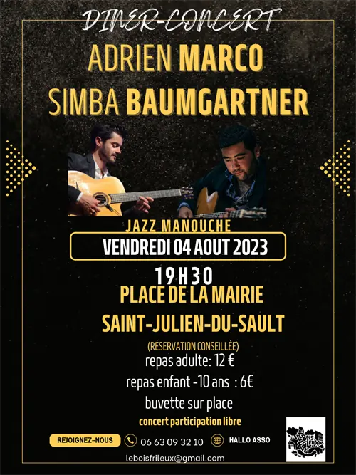 Dîner-concert jazz manouche avec Simba Baumgartner et Adrien Marco – Saint-Julien-du-Sault (Presbytère / 13 faubourg de la Croix / Lieu de repli) (affiche de l’événement)