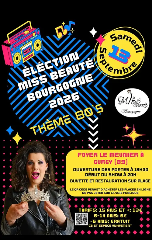 Election Miss Beauté Bourgogne 2026 (thème 80's) – Gurgy (Foyer communal) (affiche de l’événement)
