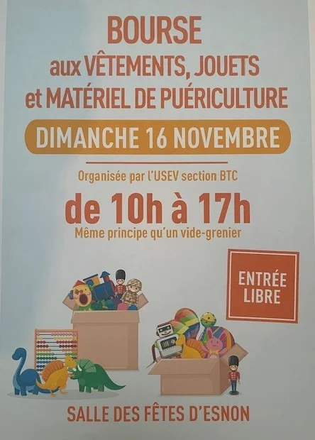 Bourse aux jouets, vêtements et matériel de puériculture – Esnon (salle des fêtes) (affiche de l’événement)