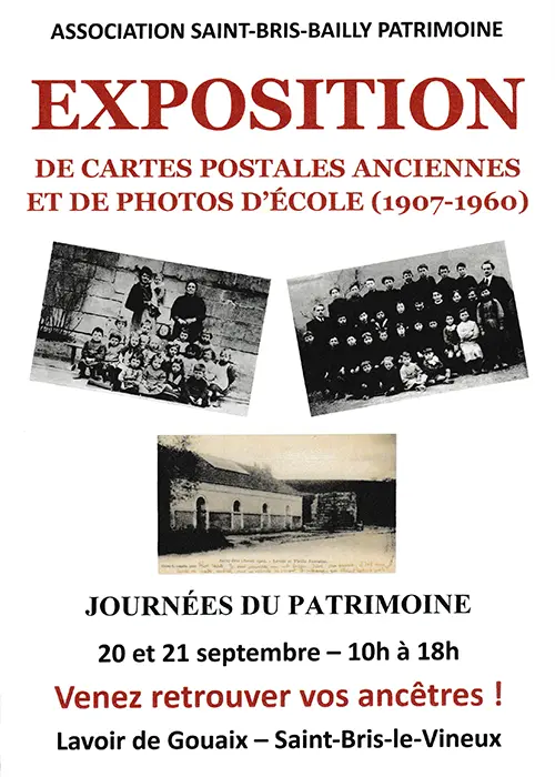 A prévoir // Journées du Patrimoine : Exposition de cartes postales anciennes et de photos d'école (1907-1960) – Saint Bris le Vineux (Lavoir de Gouaix) (affiche de l’événement)