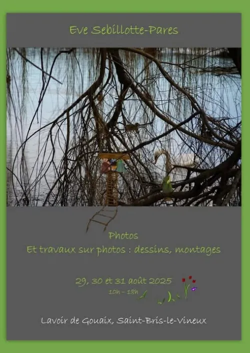Exposition photos et travaux sur photos (dessins, montages) par Eve Sebillotte-Pares – Saint-Bris-le-Vineux (Lavoir de Gouaix  -  en direction de Saint-Cyr les Colons) (affiche de l’événement)