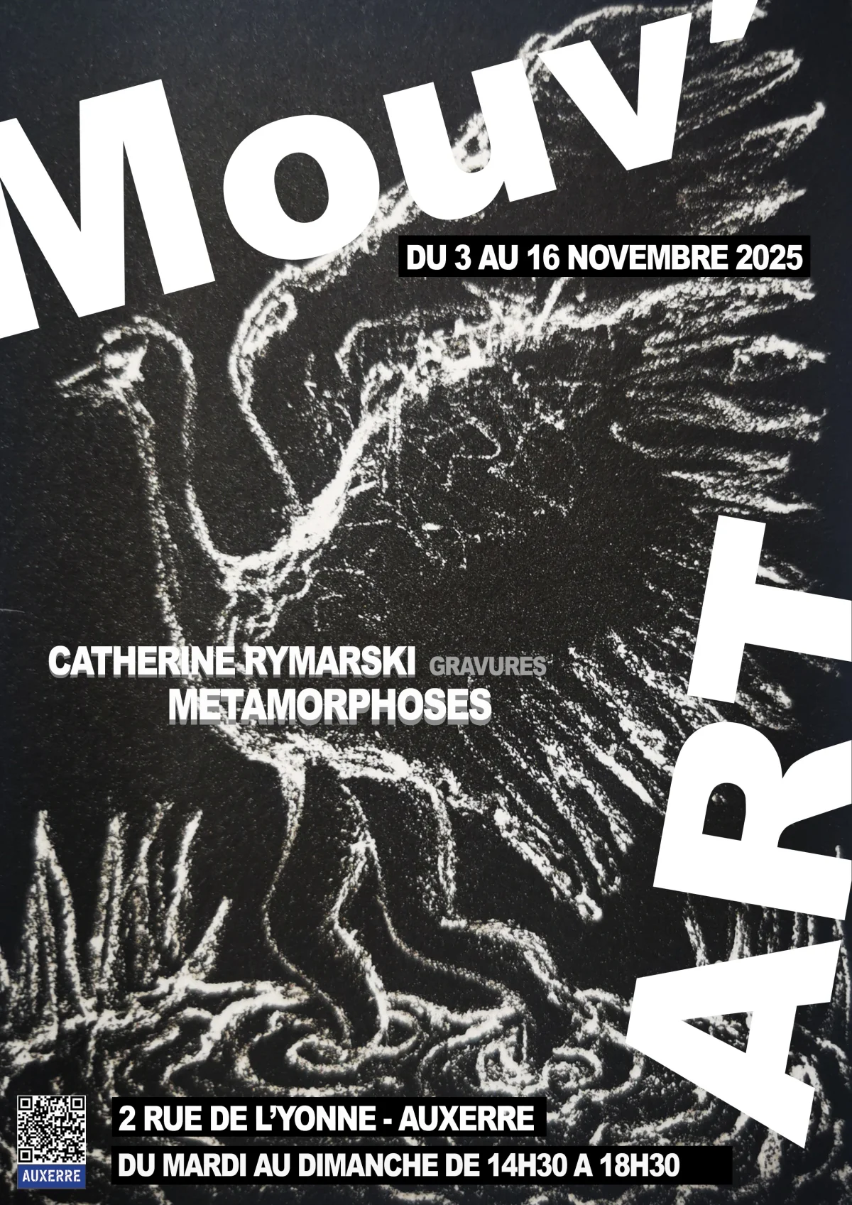Exposition "Métamorphoses" par Catherine Rymarski (Gravures) – Auxerre (Espace Mouv'art) (affiche de l’événement)
