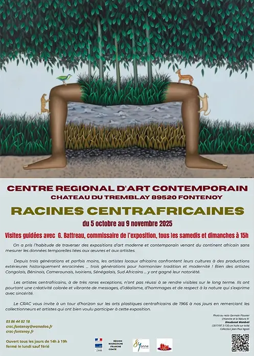 Exposition "Racines Centrafricaines" – Fontenoy (Centre Régional d'Art Contemporain / Château du Tremblay) (affiche de l’événement)