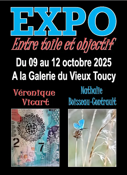 Exposition "Entre toile et objectif" / Véronique Vicart (peintre) et Nathalie Boisseau Contrault (Photographe) / Art abstrait en technique mixte / Photographie Papillon – Toucy (Galerie du Vieux Toucy) (affiche de l’événement)