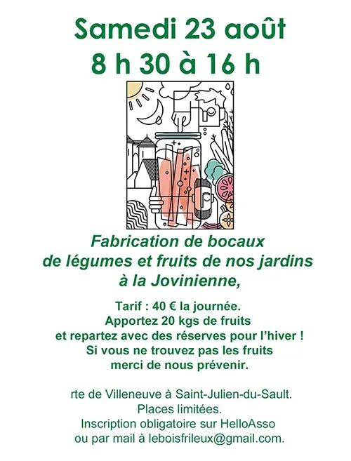 Atelier de fabrication de bocaux de légumes et fruits de nos jardins – Saint-Julien-du-Sault (la Jovinienne / Route de Villeneuve à Saint-Julien-du-Sault) (affiche de l’événement)