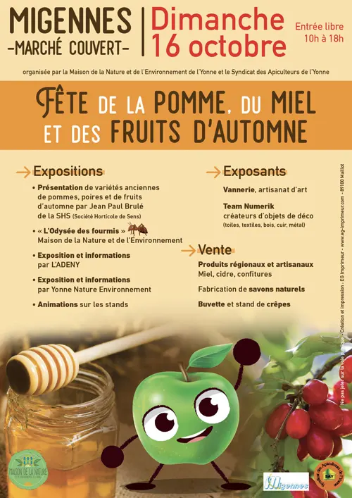 Fête de la Pomme, du Miel et des Fruits d'automne : expositions, projection, animations, artisanat local et vente de produits régionaux – Migennes (Marché couvert) (affiche de l’événement)