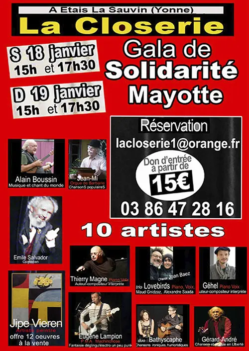 Concerts-spectacles de solidarité pour Mayotte et les Mahorais par 10 artistes (sur 2 jours) – Etais-la-Sauvin (La Closerie) (affiche de l’événement)