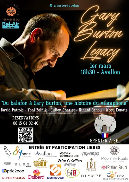 Soirée concert "Gary Burton Legacy" (du balafon à Gary Burton, une histoire du vibraphone) dans le cadre du Festival Terrasses du Bel-Air – Avallon (Grenier à Sel) (affiche de l’événement)