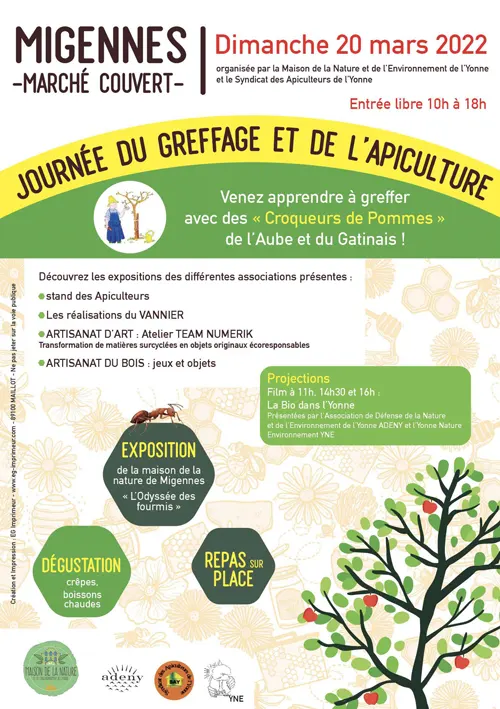 Journée du Greffage et de l'Apiculture : Venez apprendre à greffer avec des "Croqueurs de Pommes" de l'Aube et du Gâtinais (expositions, projections, démonstration de greffage, jeux...) – Migennes (Marché couvert) (affiche de l’événement)