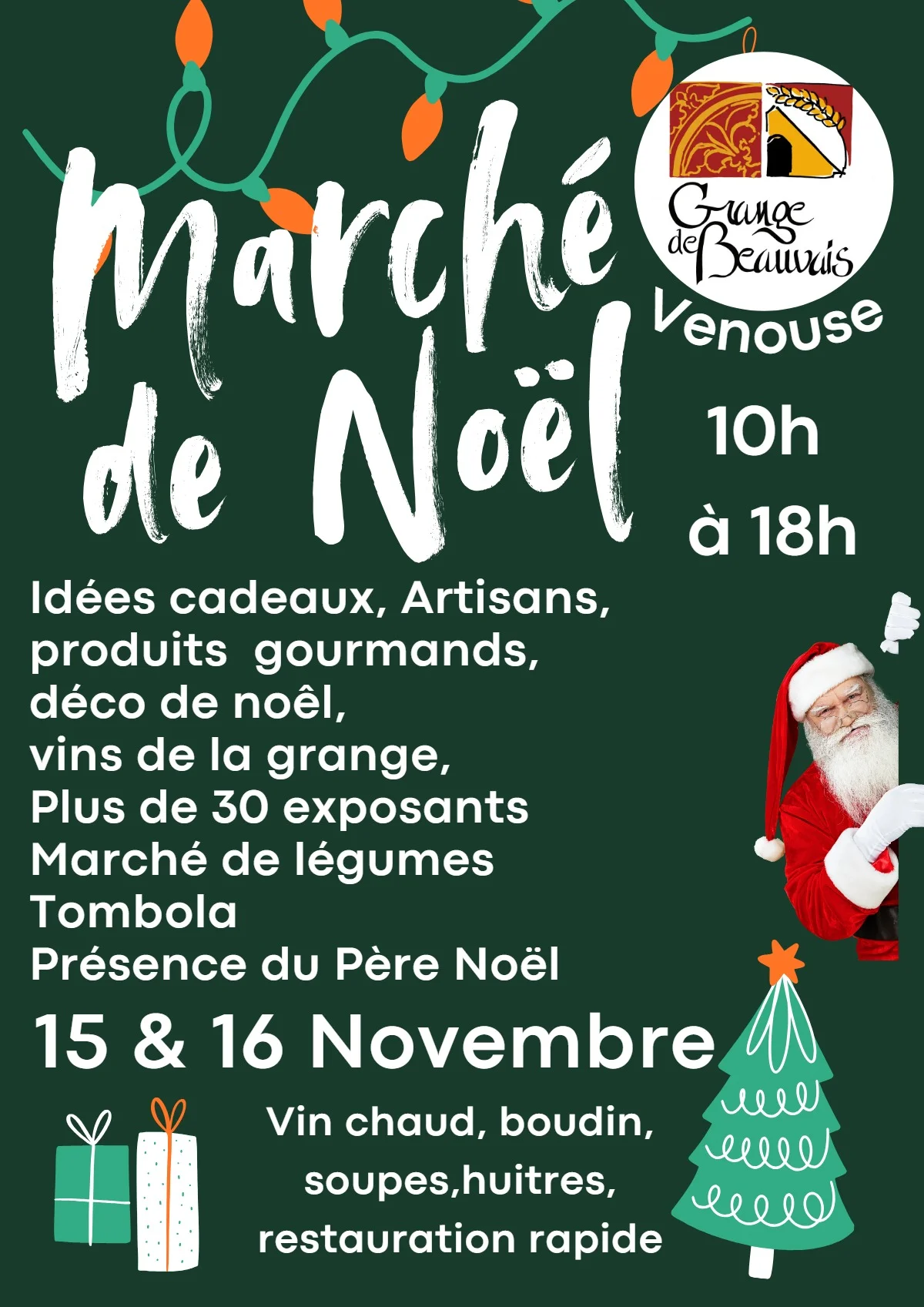 Marché de Noël : idées cadeaux, artisans, produits gourmands, déco de Noël, vins de la grange, plus de 30 exposants, marché de légumes, tombola et présence du Père Noël – Venouse (La Grange de Beauvais) (affiche de l’événement)