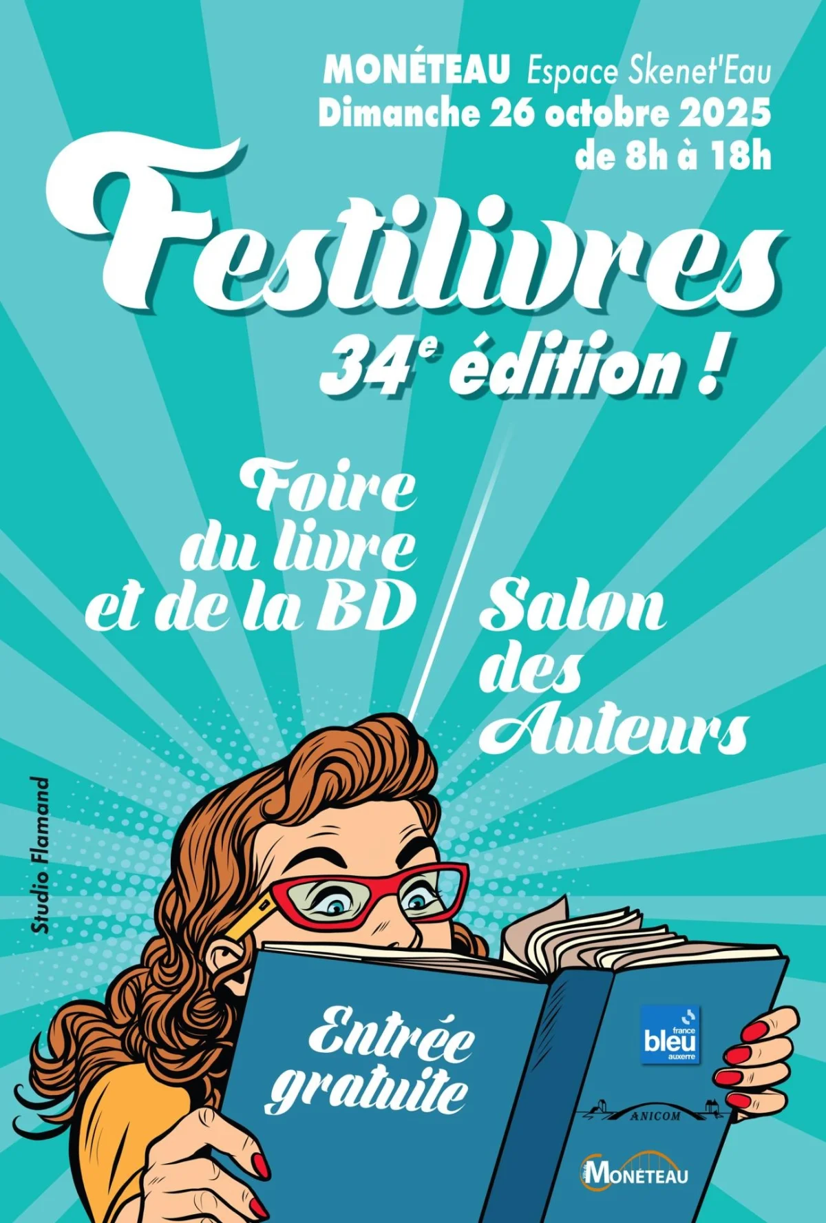 Festilivres 2025 : Salon des auteurs, avec présence de Bénédicte Pinard , restauratrice de livres anciens et de Corinne Moriano, encadrement d'art / Foire aux livres et aux B.D / Exposition des élèves du cours de dessin et peinture d'Anicom – Monéteau (Le Skenet'Eau) (affiche de l’événement)
