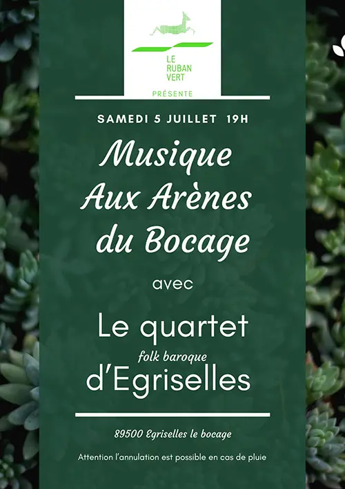 Concert "Musique aux Arènes du Bocage" avec Le quartet d’Egriselles (folk baroque) – Egriselles-le-Bocage (Arènes du Bocage / Ancienne Marnière d’Ogny, route de la forêt) (affiche de l’événement)