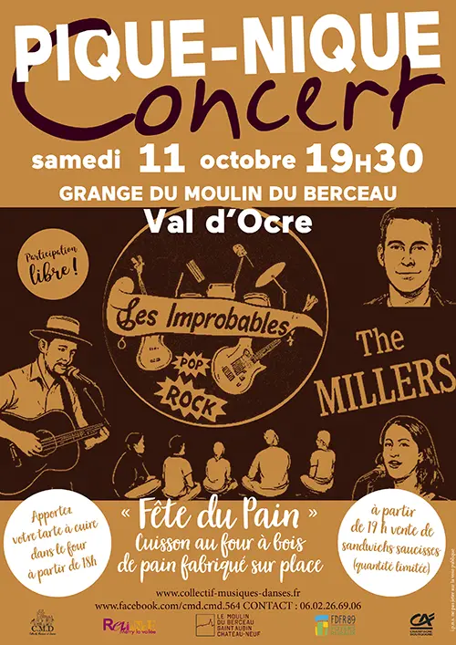 Pique-nique concert avec Les Improbables et The Millers (pop-rock) + Fête du Pain – Saint-Aubin-Château-Neuf / Le Val d'Ocre (Moulin du Berceau) (affiche de l’événement)
