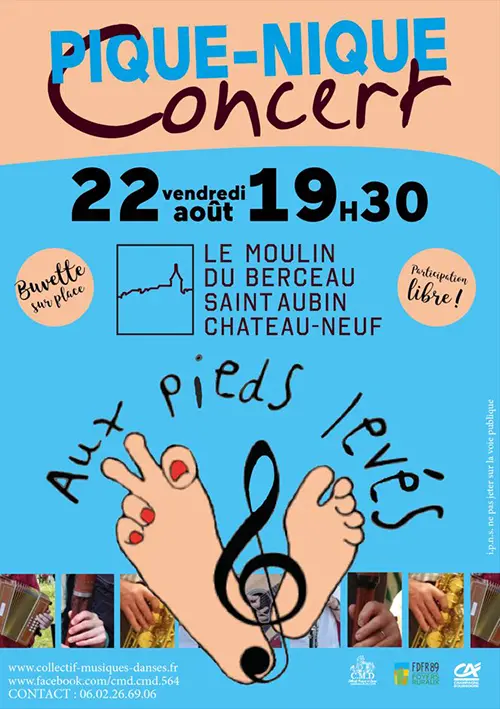 Pique-nique concert avec Au Pied Levé (folk, trad tous pays) – Saint-Aubin-Château-Neuf / Le Val d'Ocre (Moulin du Berceau) (affiche de l’événement)
