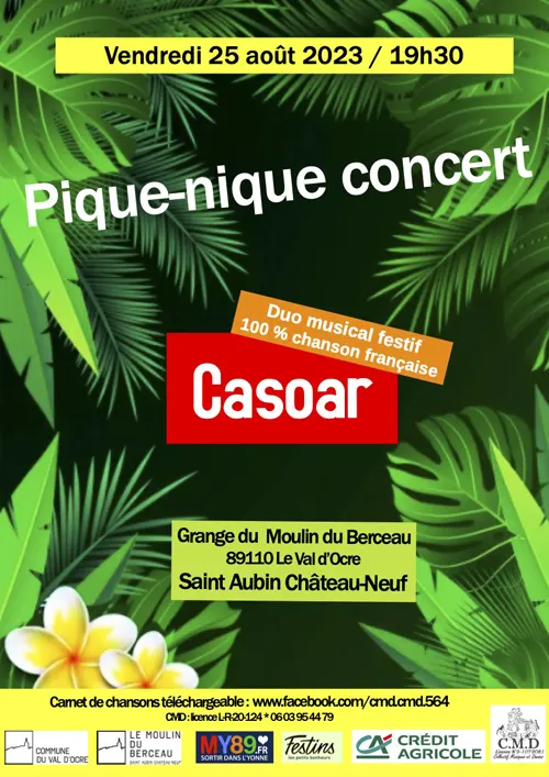 Pique-nique concert avec le duo musical festif Casoar (100% chanson française) – Saint-Aubin-Château-Neuf / Le Val d'Ocre (Moulin du Berceau) (affiche de l’événement)