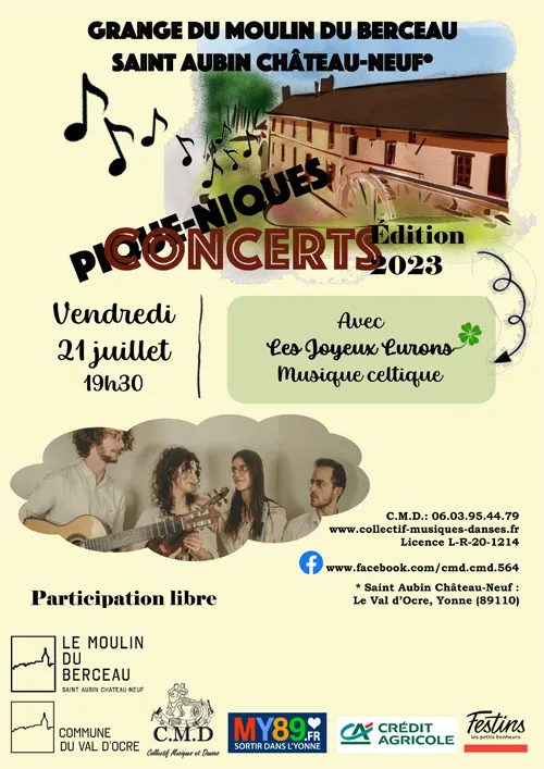 Pique-nique concert avec Les Joyeux Lurons (musique celtique) – Saint-Aubin-Château-Neuf / Le Val d'Ocre (Moulin du Berceau) (affiche de l’événement)